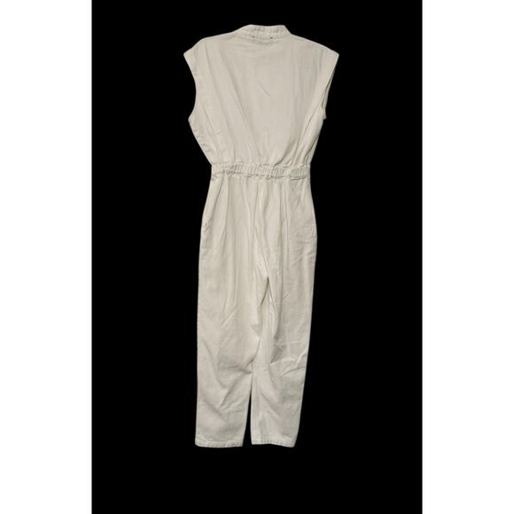 En Saison White Denim Asymmetrical Anthropologie Utility Cropped Jumpsuit XS - Picture 7 of 8